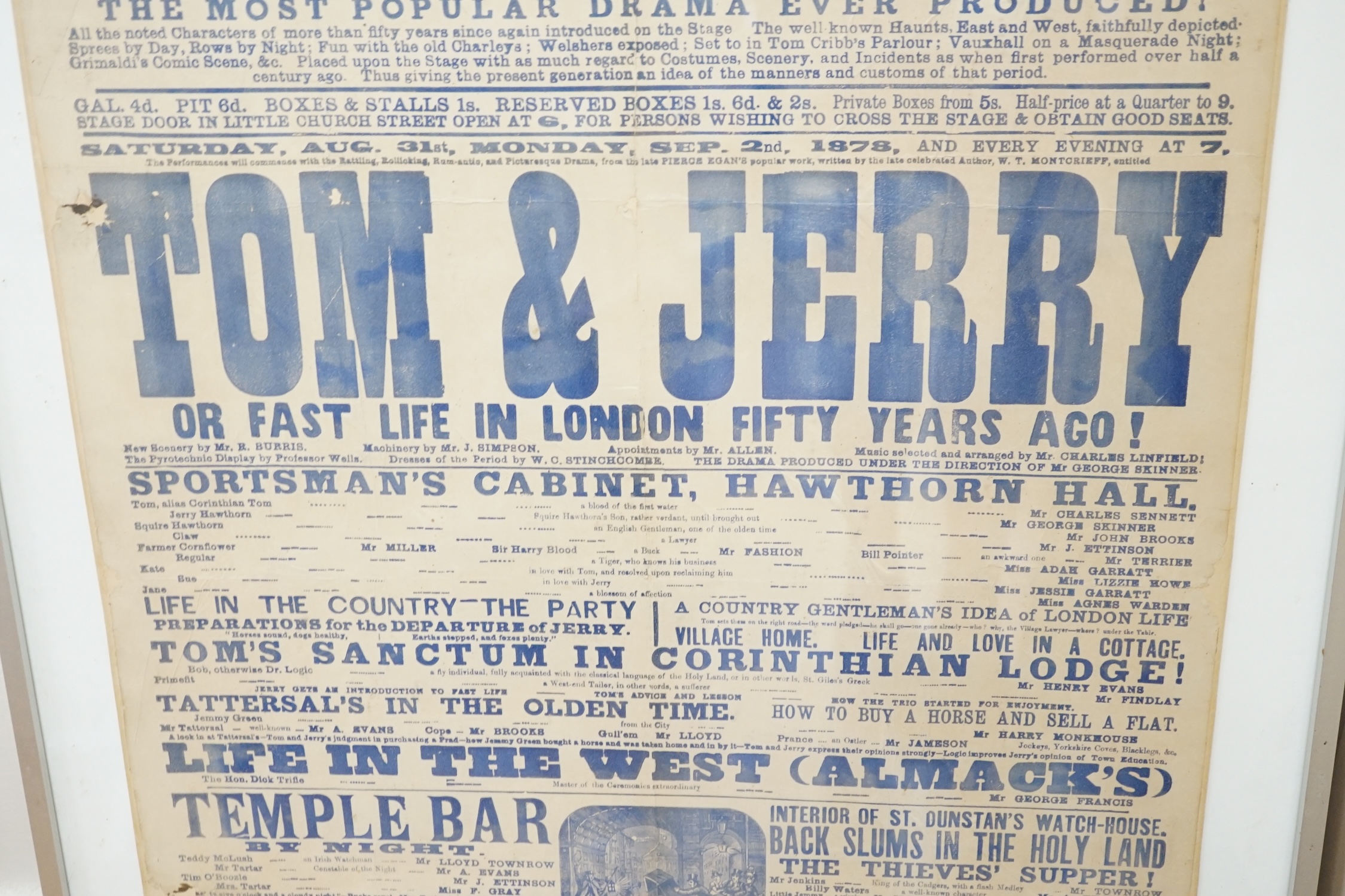 A Marylebone Theatre playbill for Tom and Jerry and other performances, circa September 1878, 76 x 51cm. Condition - poor